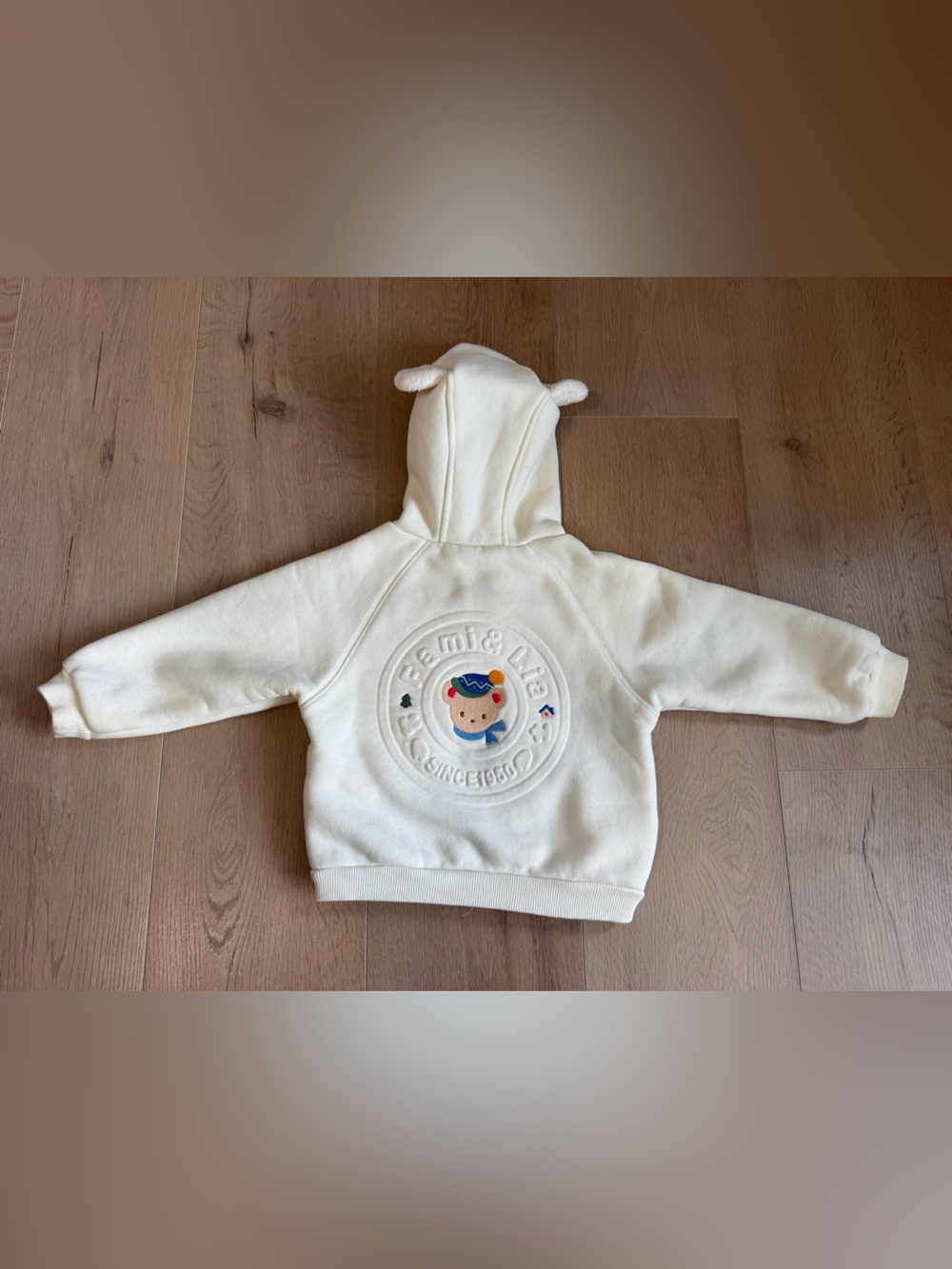 Cream Hooded Baby Sweatshirt with Embroidered Character